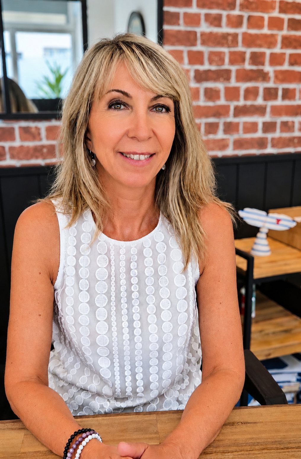 Maître Caroline Mazères, avocate, sourit à son bureau devant un mur de briques rouges.