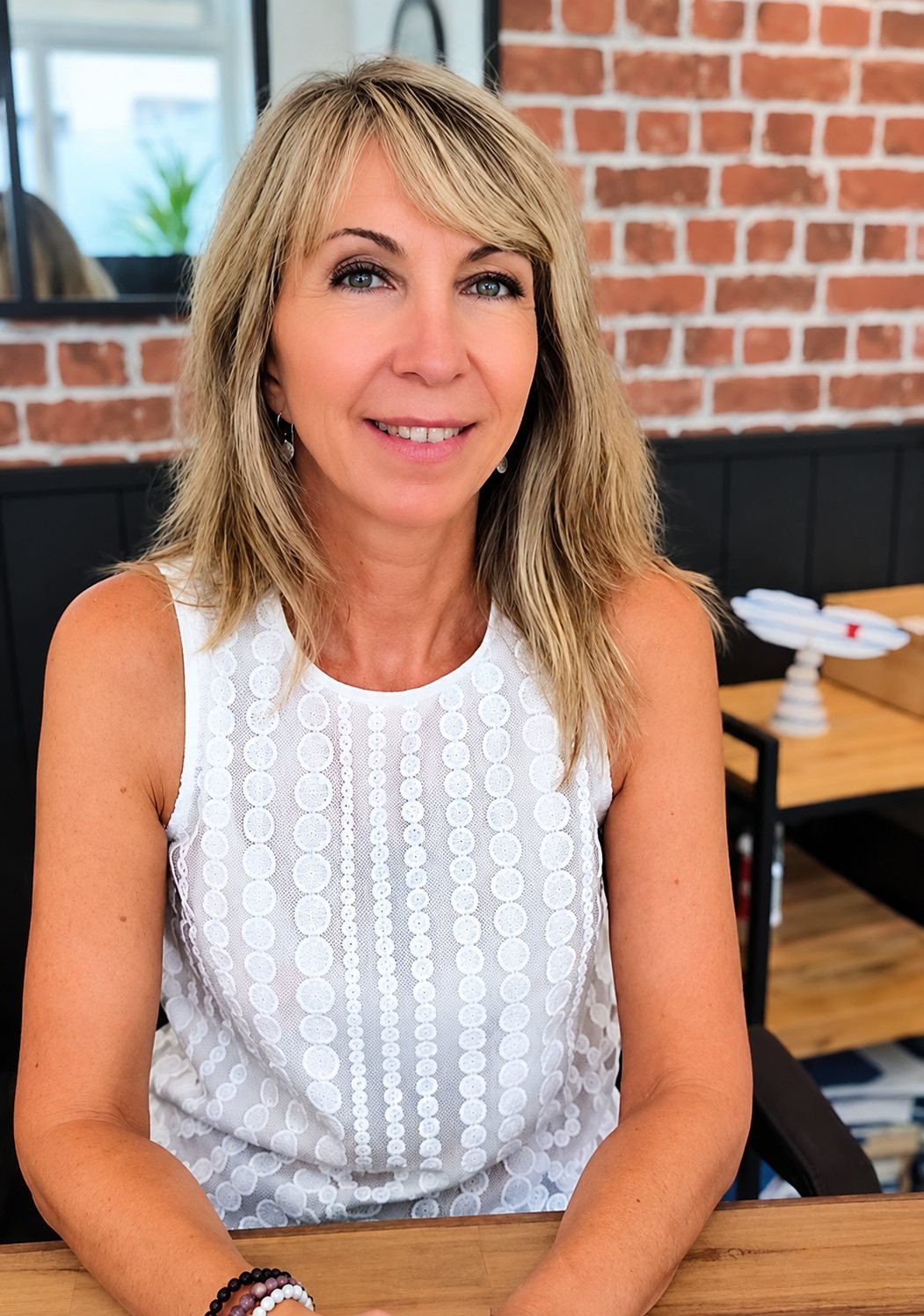 Une femme blonde aux cheveux mi-longs, vêtue d'un haut blanc sans manches, sourit assise à une table en bois devant un mur de briques rouges.