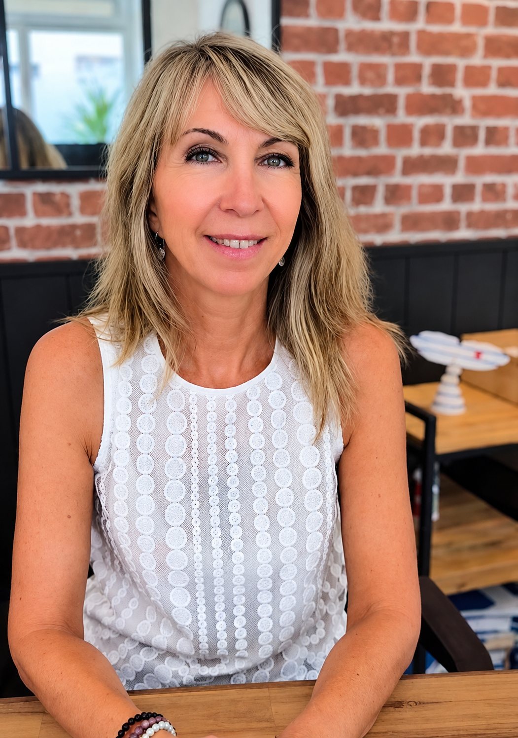 Une femme blonde aux cheveux mi-longs, vêtue d'un haut blanc sans manches, sourit assise à une table en bois devant un mur de briques rouges.
