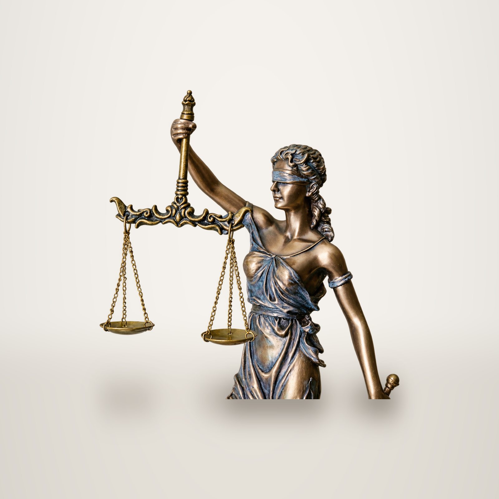 Statuette en bronze de la déesse de la Justice, les yeux bandés, levant une balance à deux plateaux.